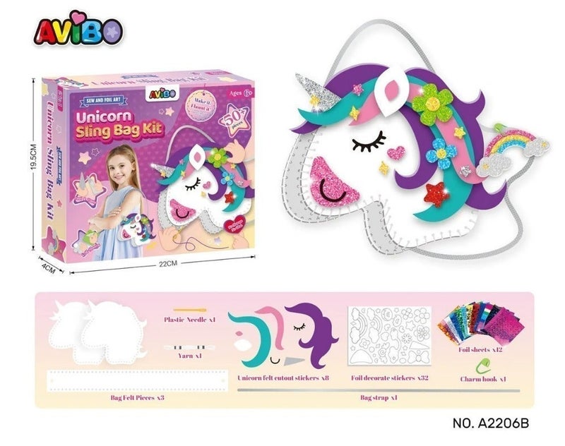 Avibo Unicorn Craft Bag for Kids A sewing and decorating 50 pieces kit to create a shiny and unique bag, promoting creativity and skills and providing hours of fun and accomplishment - Image 1